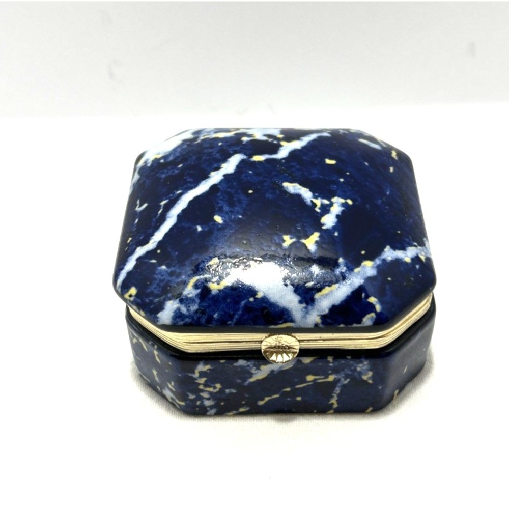 Andrea by Sadek Porcelain Trinket Box Hinged Blue Yellow Marbled Effect Gold Rim